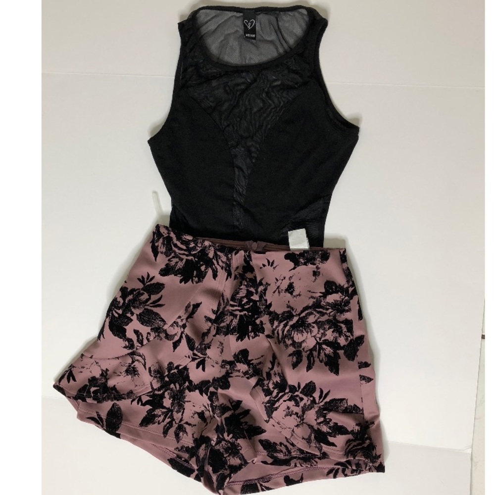 Black Mesh body suit with Velvet accent Shorts